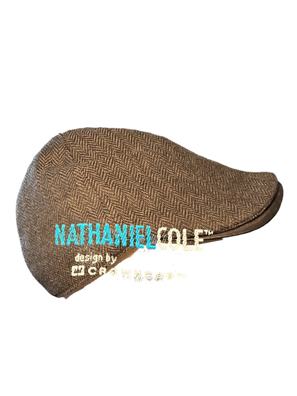 Nathaniel Cole by Crown Cap Grey Herringbone Flat Cap/Black Leather Bill - NWOT